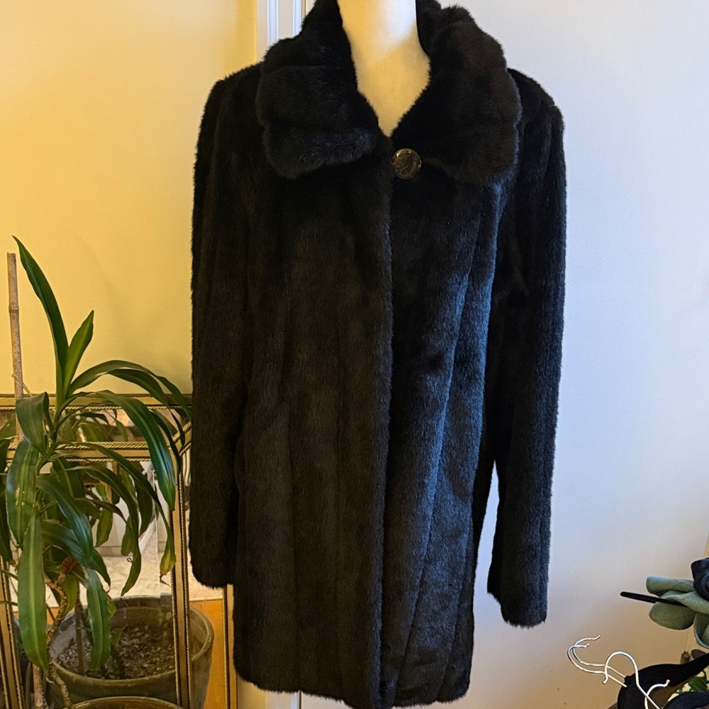 Dennis Basso Black Mink Faux Fur Car Coat Sz. Med EUC